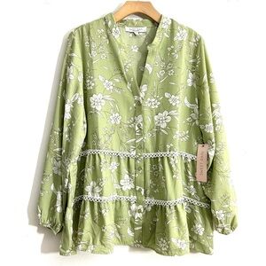 Sweet Rain Green White Floral Tunic Top Babydoll Peasant Boho Shirt NWT size 2X
